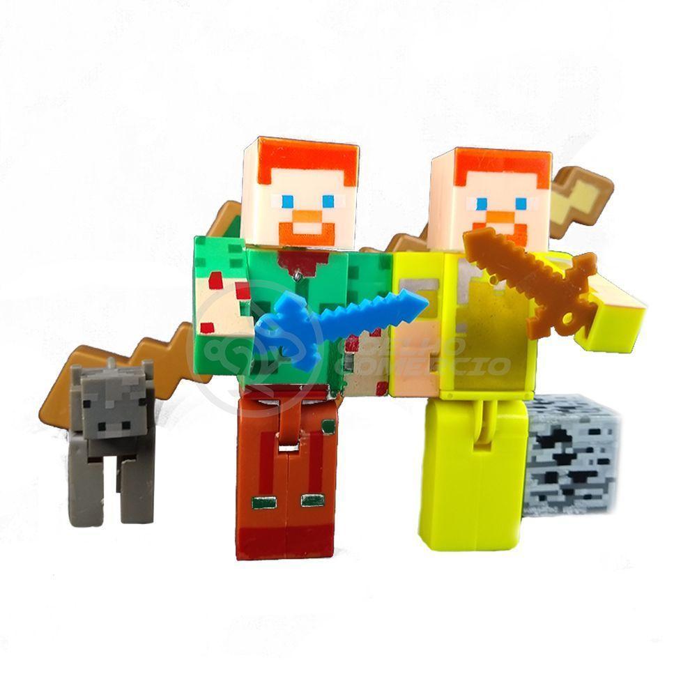 Kit Cartelado Conj. Minecraft 2 Bonecos + 1 Bloco + 1 Vaca + 1 Espada Minecraft 31cm - 7