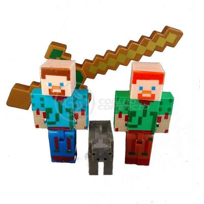 Kit Cartelado Conj. Minecraft 2 Bonecos + 1 Bloco + 1 Vaca + 1 Espada Minecraft 31cm