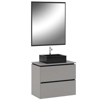 Conj Banheiro Gabinete 80cm Cuba E Espelho Argento Preto