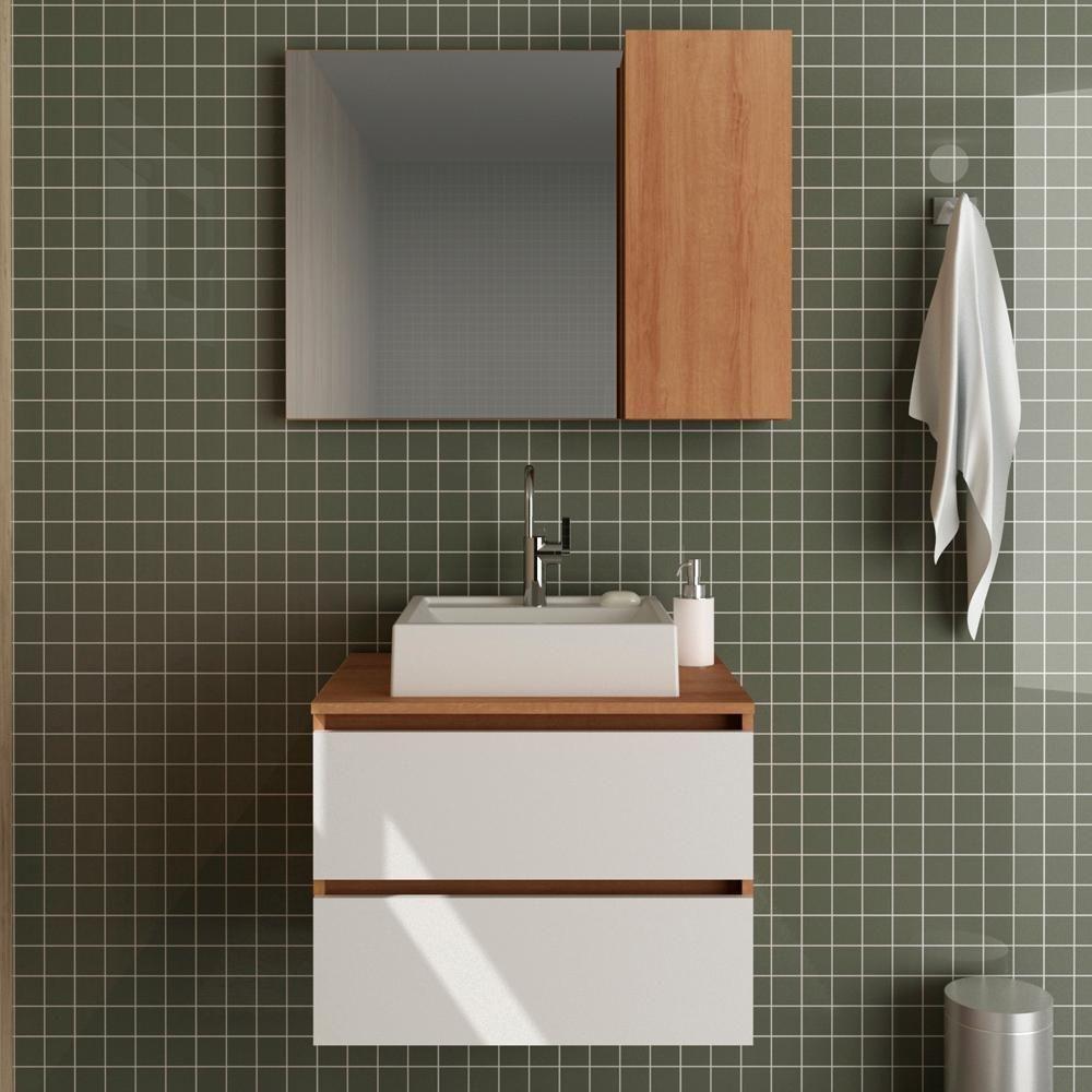 Conjunto Para Banheiro Com Cuba E Espelho Amendoa Branco - 1