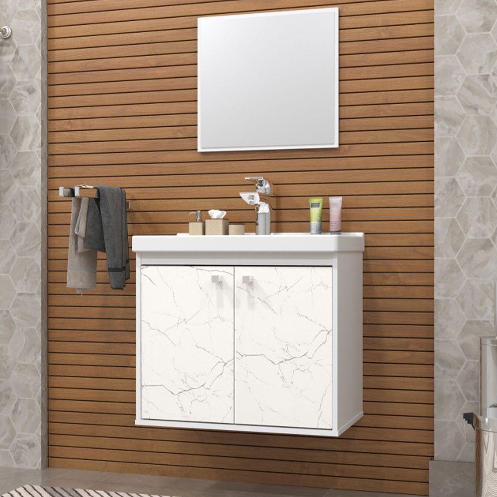 Gabinete Para Banheiro Aster 51cm Com Cuba Cerocha Branco/ Marmorizado Branco - 3