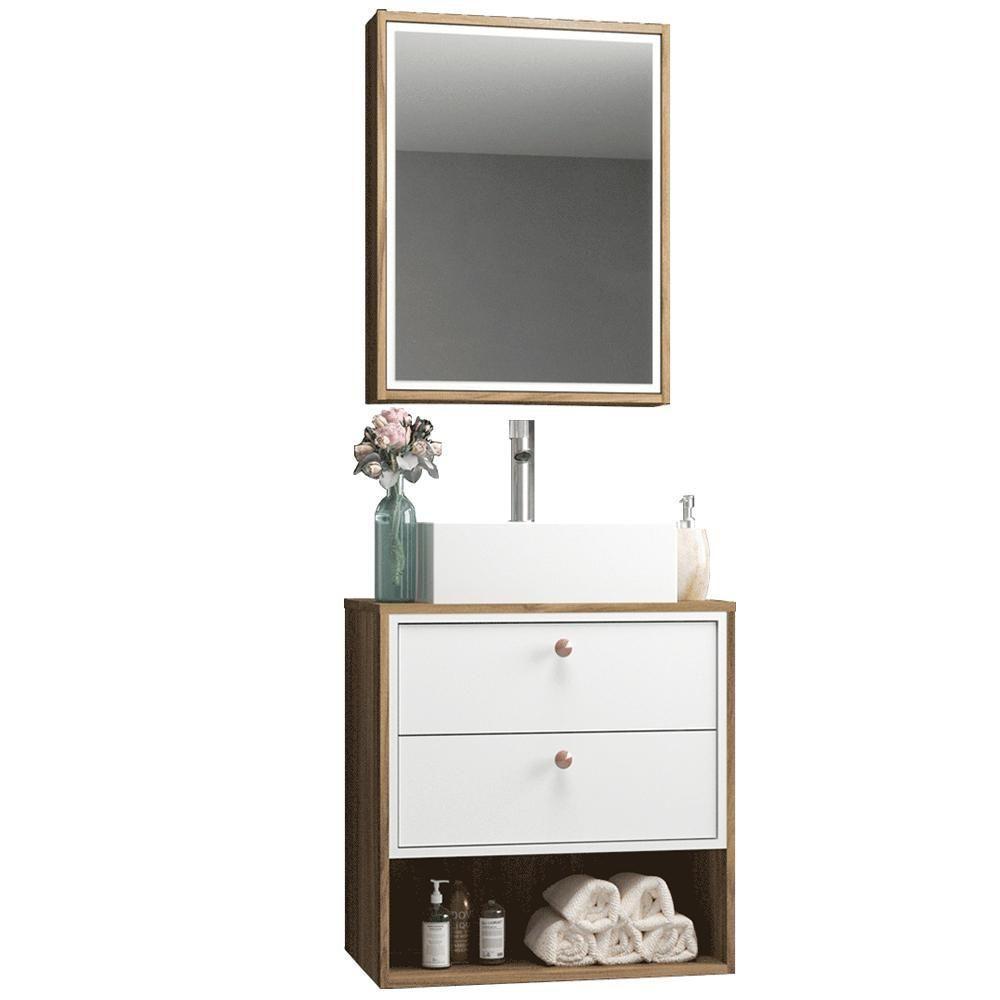 Conj Para Banheiro Gabinete 60cm Com Cuba E Armário Branco - 1