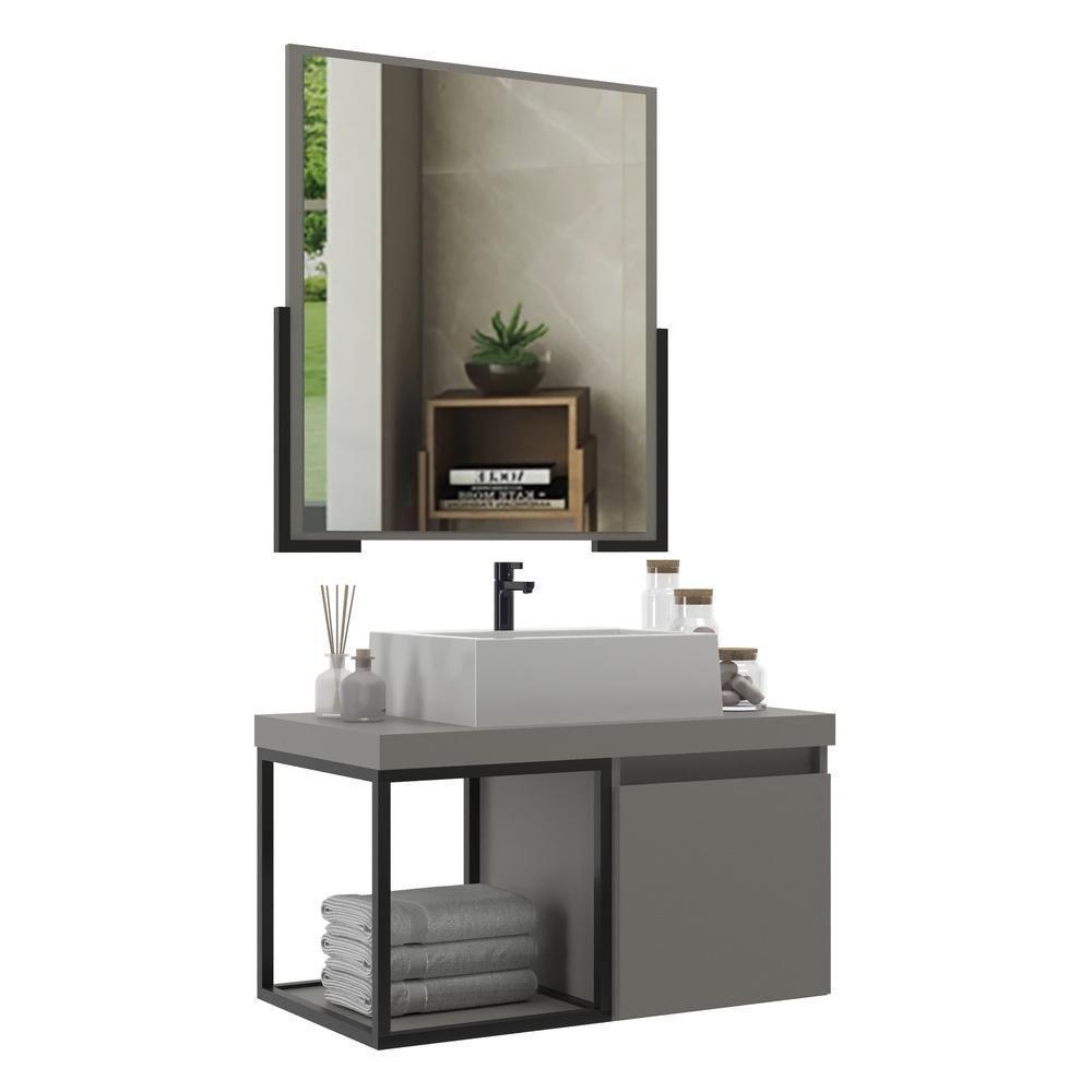 Gabinete Banheiro 70cm Com Cuba E Espelheira Multimóveis Cr10107 Cimento Cimento - 1