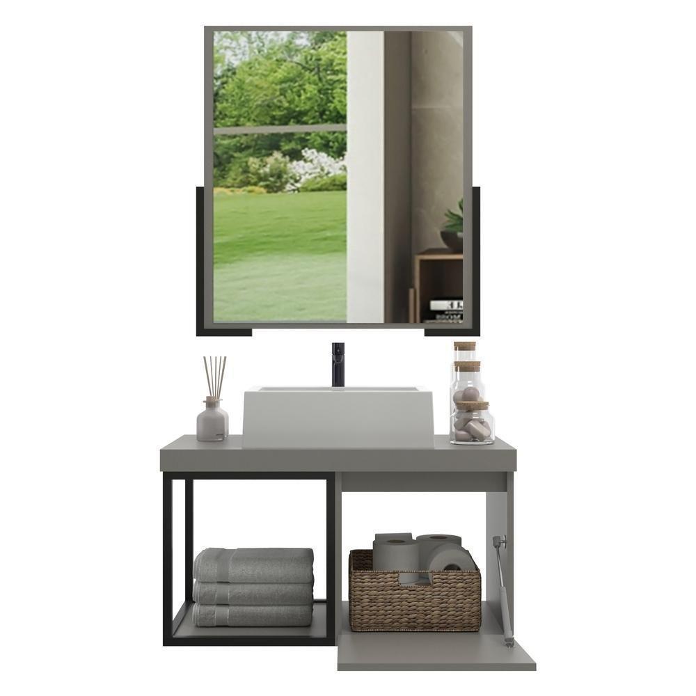 Gabinete Banheiro 70cm Com Cuba E Espelheira Multimóveis Cr10107 Cimento Cimento - 4