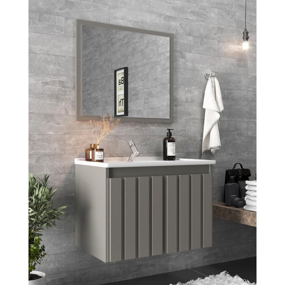 Gabinete Banheiro 60cm Com Espelheira E Cuba Multimóveis Cr10104 Cimento Cimento - 2