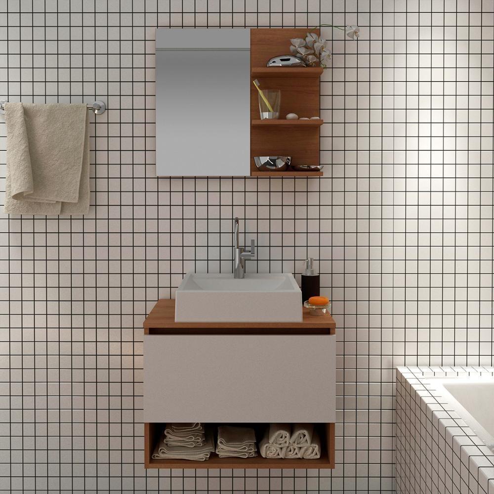 Conjunto Para Banheiro Com Cuba E Espelho Bn5 Amendoa Branco - 4