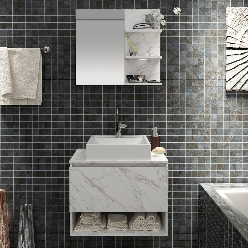 Conjunto Para Banheiro Com Cuba E Espelho Bn5 Marmore Branco - 8