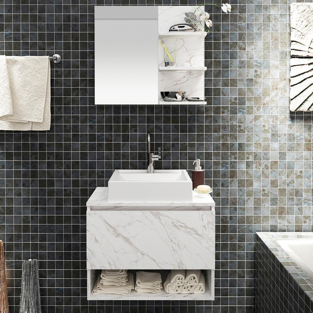 Conjunto Para Banheiro Com Cuba E Espelho Bn5 Marmore Branco - 9