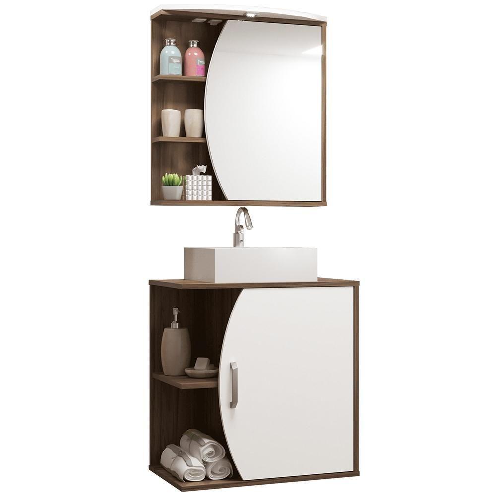 Conjunto Para Banheiro Armário Gabinete 01 Porta 60 Cm Com Cuba Duna B06 Branco Nogal - Lyam Decor - 1