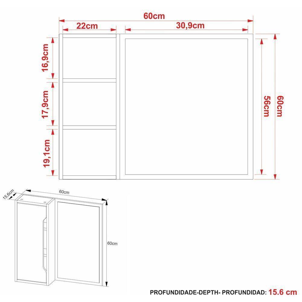Espelheira Para Banheiro 60cm Com 1 Porta Multimóveis Cr10117 Mármore Branco Mármore Branco - 3
