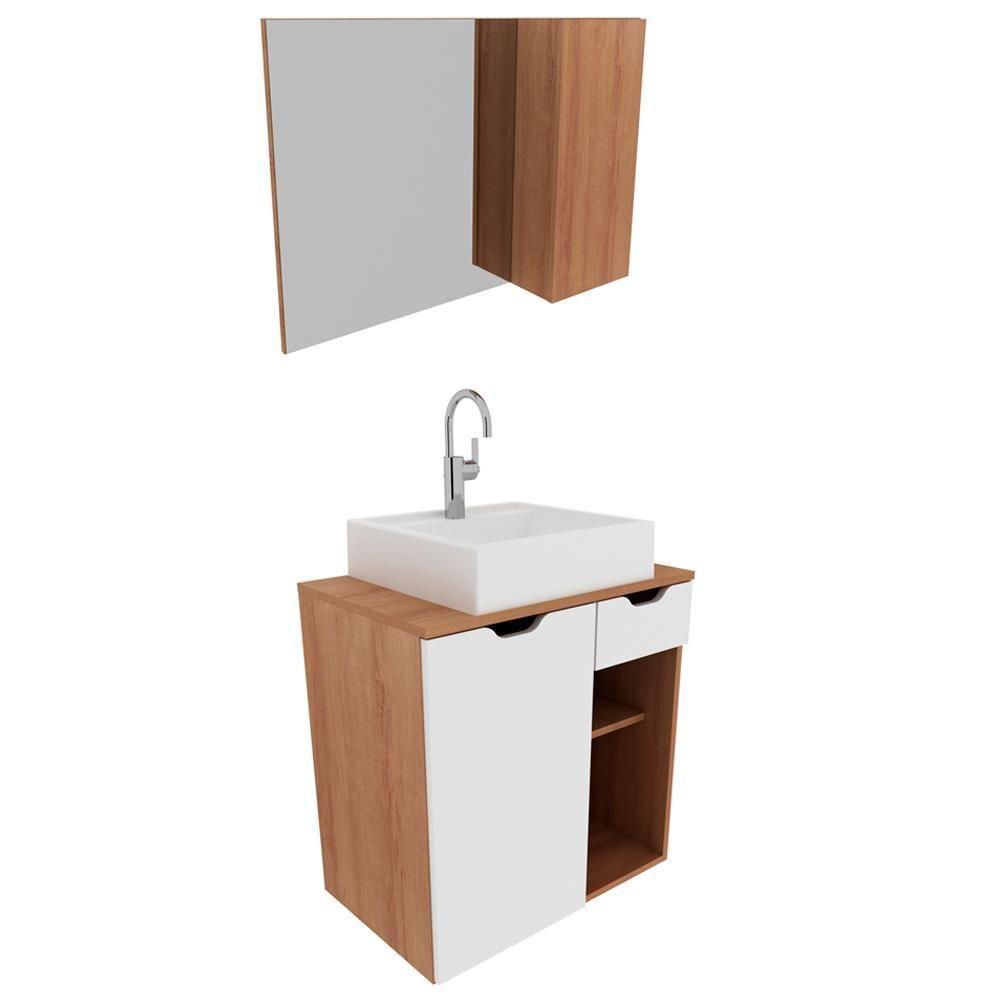 Conjunto Para Banheiro Com Cuba E Espelho Bn2 Amendoa Branco - 1