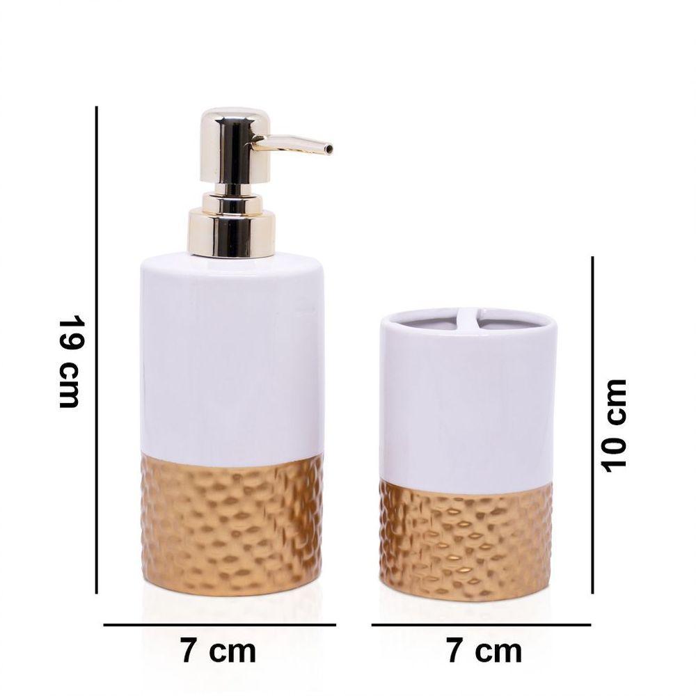 Kit Banheiro 01 Porta Sabonete Liquido 01 Porta Escova Em Cerâmica Branco Dourado - 2