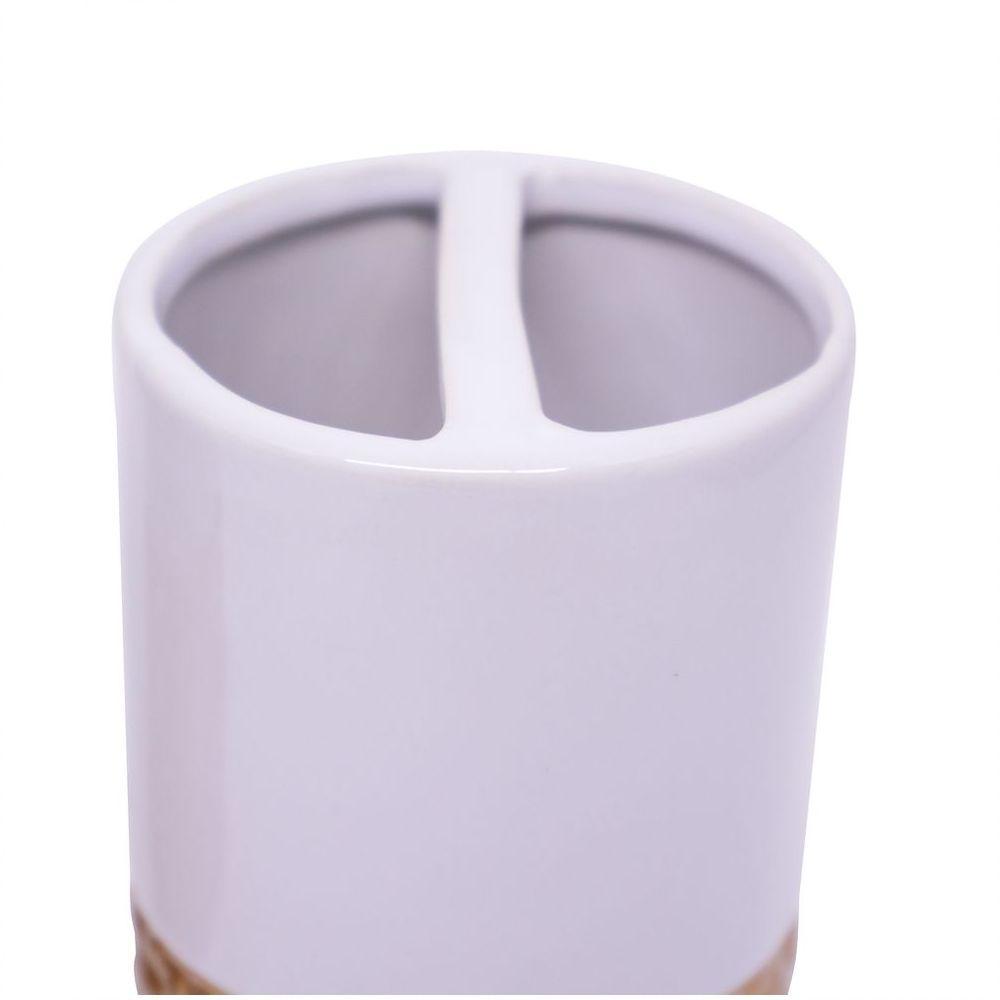 Kit Banheiro 01 Porta Sabonete Liquido 01 Porta Escova Em Cerâmica Branco Dourado - 3