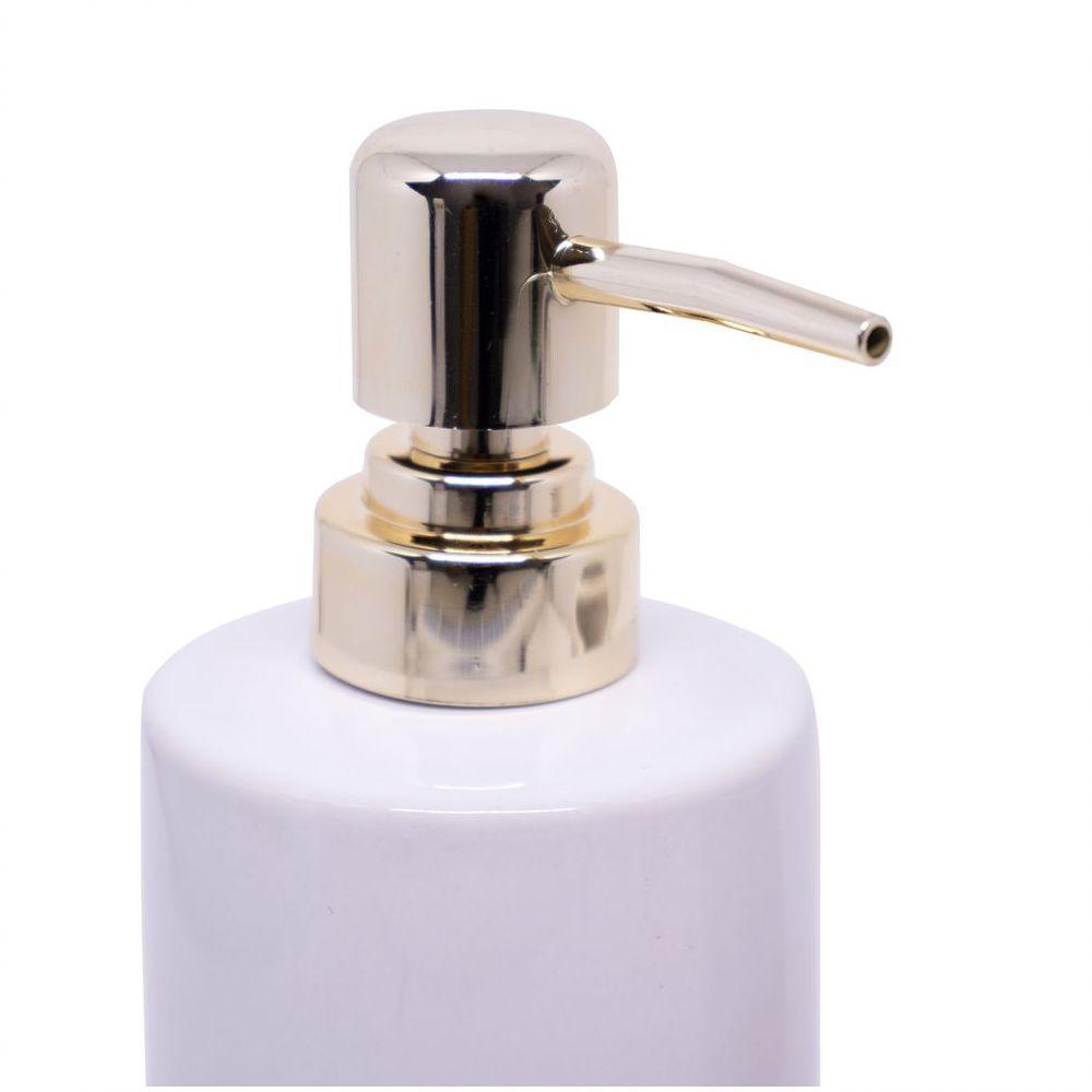 Kit Banheiro 01 Porta Sabonete Liquido 01 Porta Escova Em Cerâmica Branco Dourado - 4