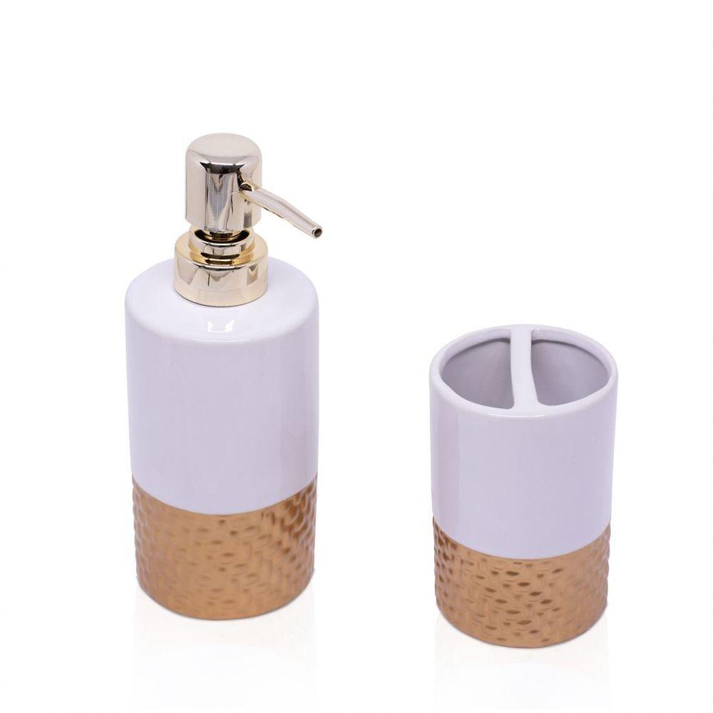 Kit Banheiro 01 Porta Sabonete Liquido 01 Porta Escova Em Cerâmica Branco Dourado - 5