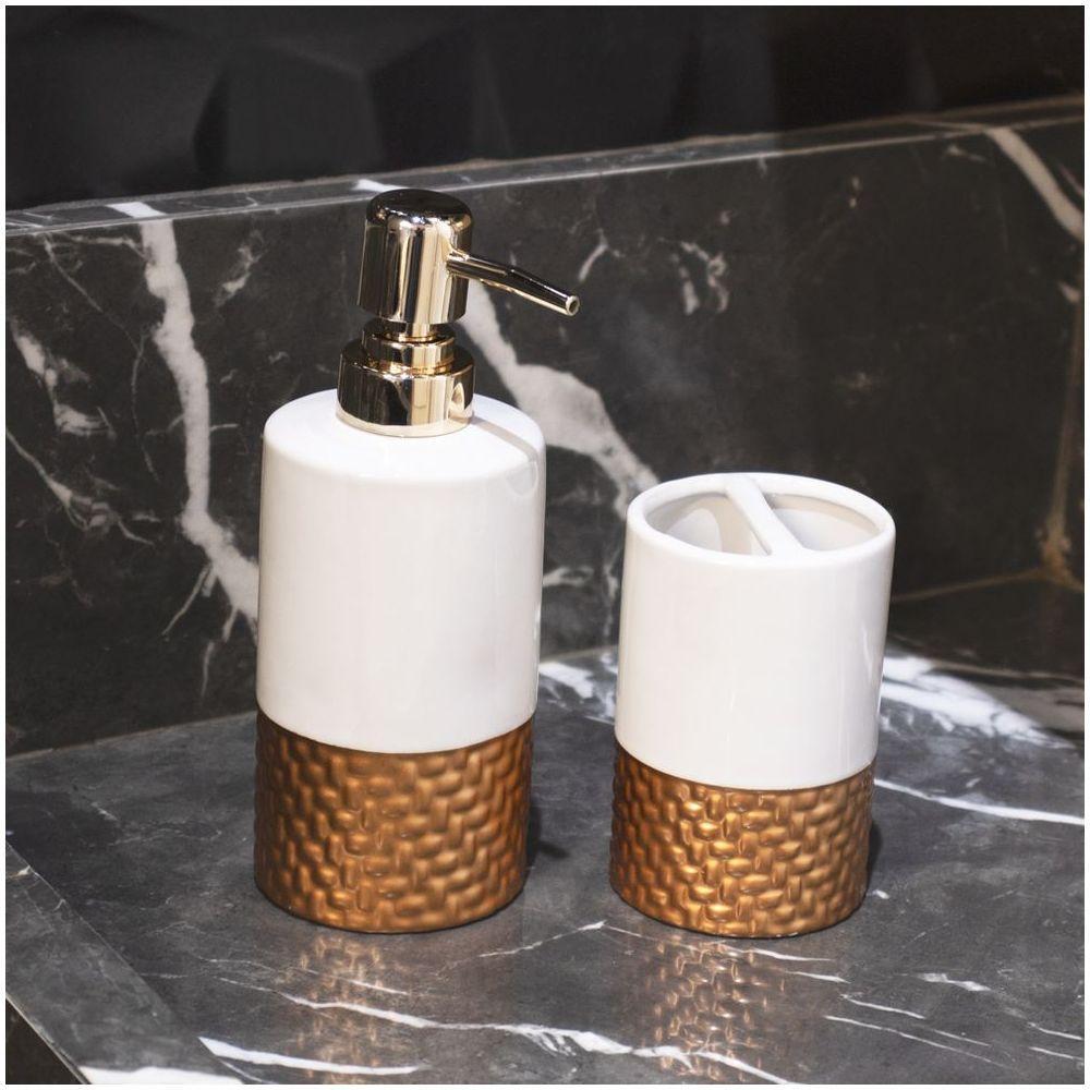 Kit Banheiro 01 Porta Sabonete Liquido 01 Porta Escova Em Cerâmica Branco Dourado - 6