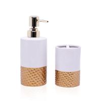 Kit Banheiro 01 Porta Sabonete Liquido 01 Porta Escova Em Cerâmica Branco Dourado - 1