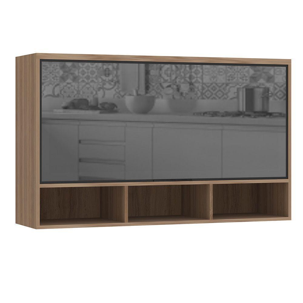 Armário Aéreo De Cozinha 120cm 1 Porta Basculante Com Vidro Reflecta E Nichos Aspen Luciane Móveis Vanilla - 1