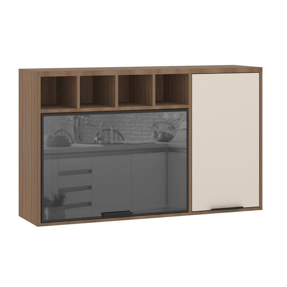 Armário Aéreo De Cozinha 120cm 2 Portas Com Vidro Reflecta E Nichos Aspen Luciane Móveis Vanilla/beige - 1