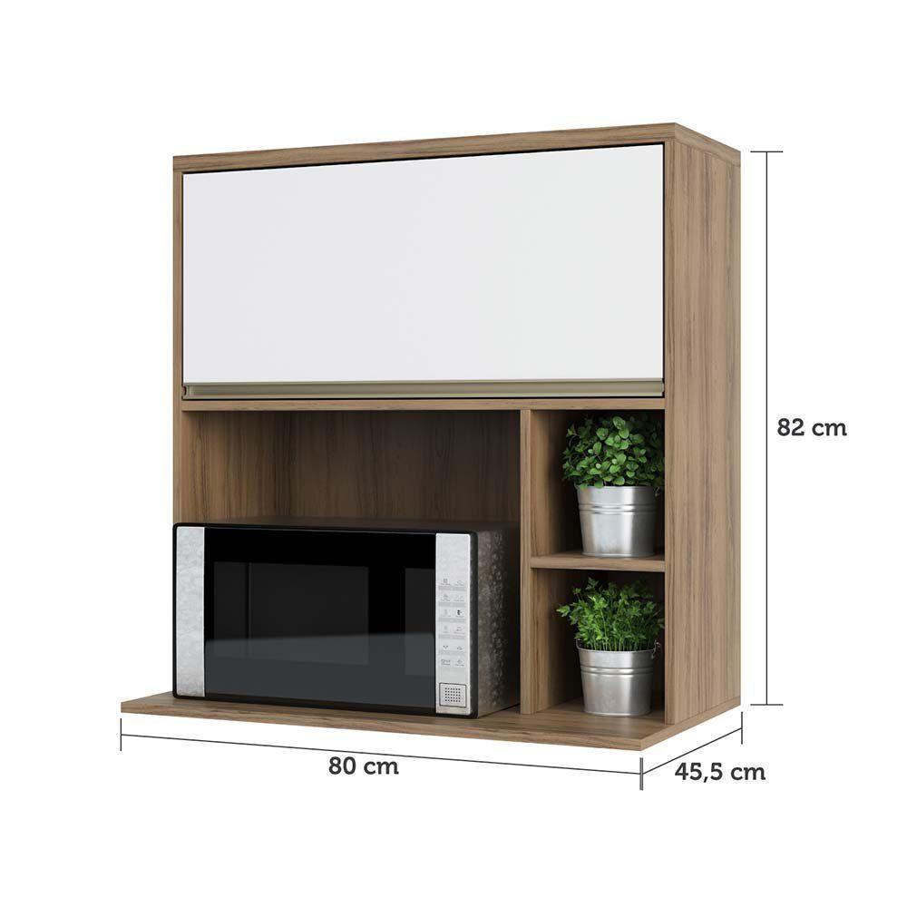 Armário Aéreo 80 Cm 1 Porta Basculante Nicho Micro Conjugado E Nicho Lateral Mel Luciane Móveis Vanilla Com Branco - 4