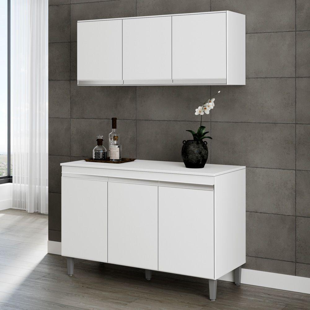 Armário Aéreo E Balcão Gabinete Manu 120cm 3 Portas Branco - 1