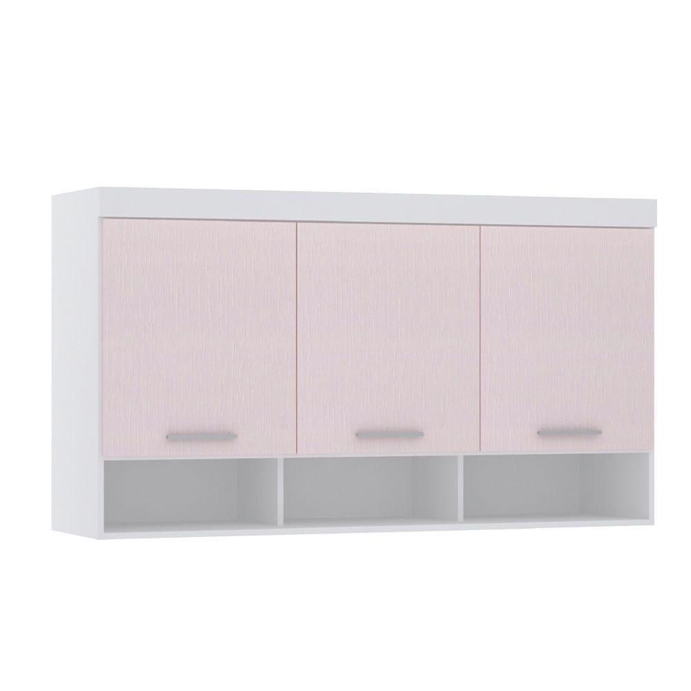 Armário Aéreo Maleiro Modulado 145cm 3 Portas Alpes Luciane Móveis Branco Pf Com Rosa Pf - 1