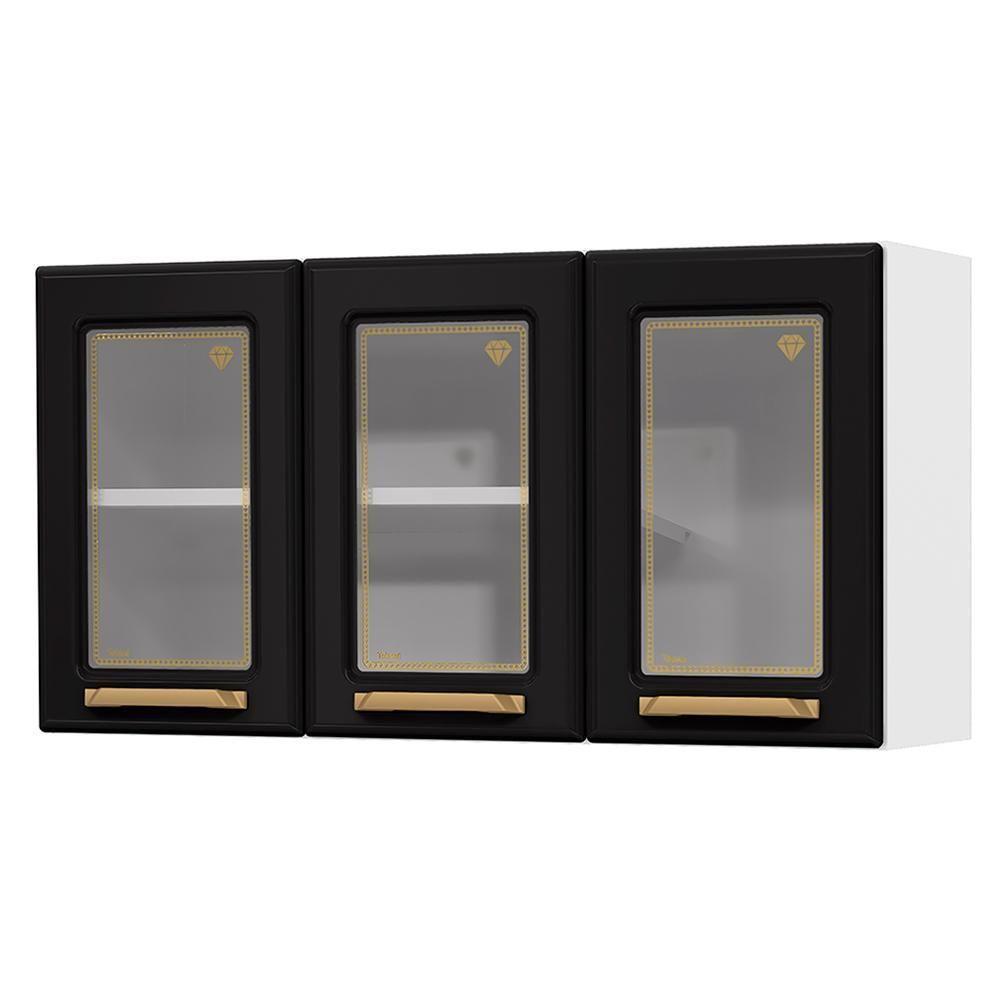 Armário De Cozinha Aço Aéreo Triplo C/ Vidro Telasul Diamante Bco/preto - 1