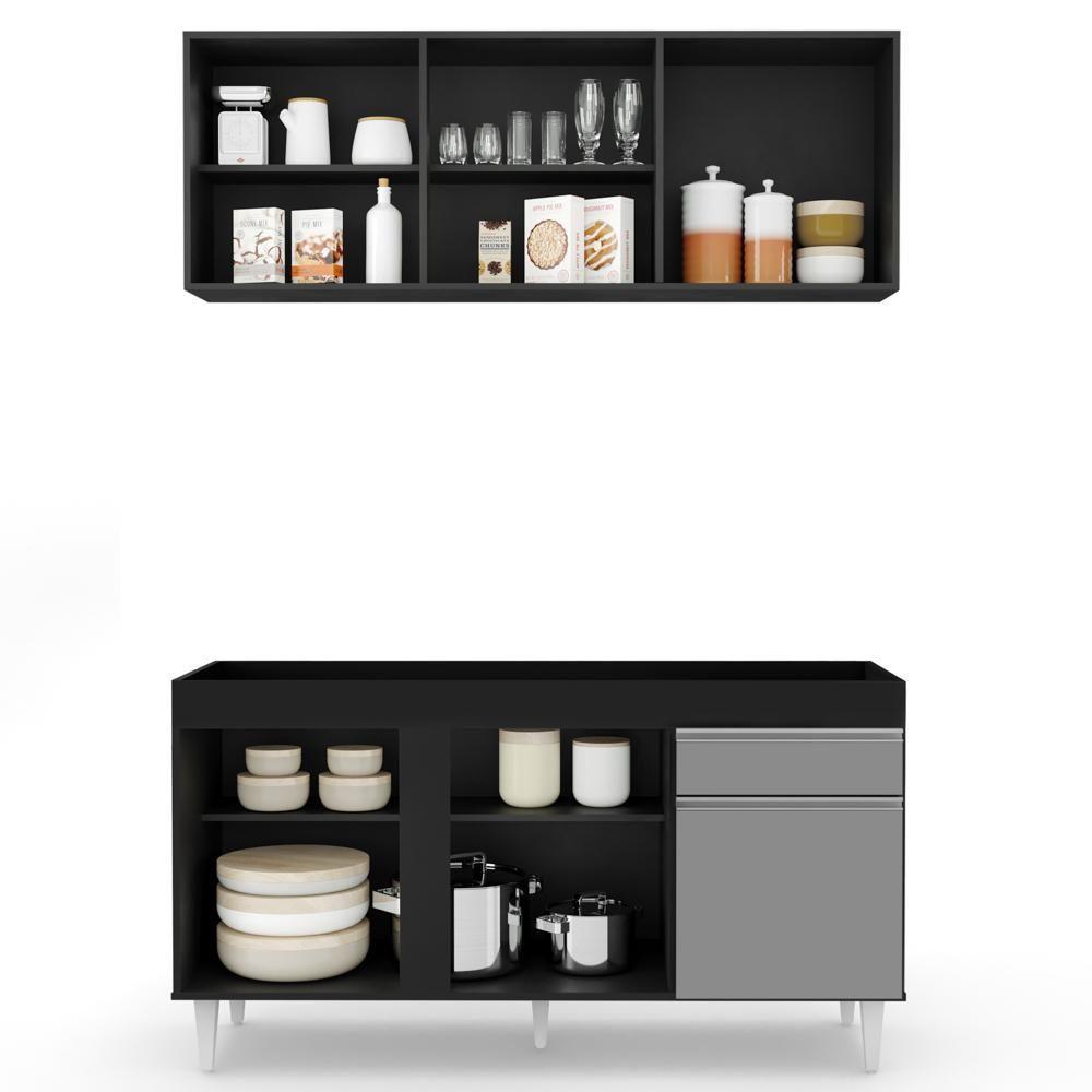 Armário Aéreo Argélia E Balcão Para Pia 150cm Dakota Preto/cinza - Lumil Móveis - 4