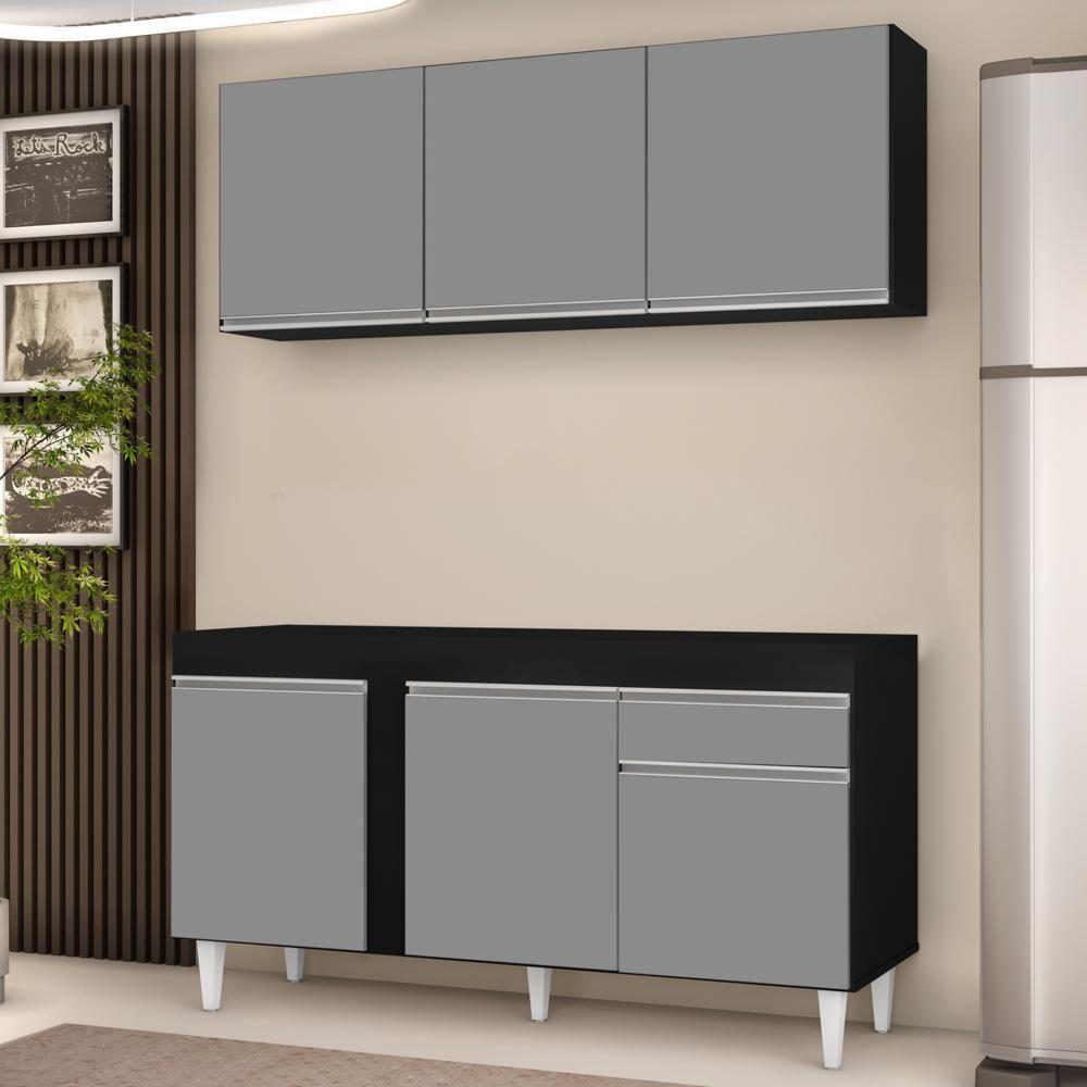 Armário Aéreo Argélia E Balcão Para Pia 150cm Dakota Preto/cinza - Lumil Móveis - 7