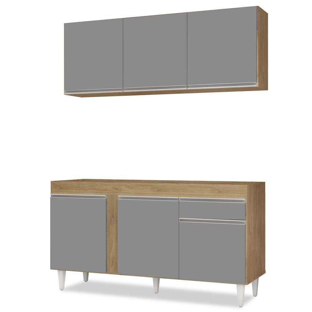 Armário Aéreo Argélia E Balcão Para Pia 150cm Dakota Castanho/cinza - Lumil - 1