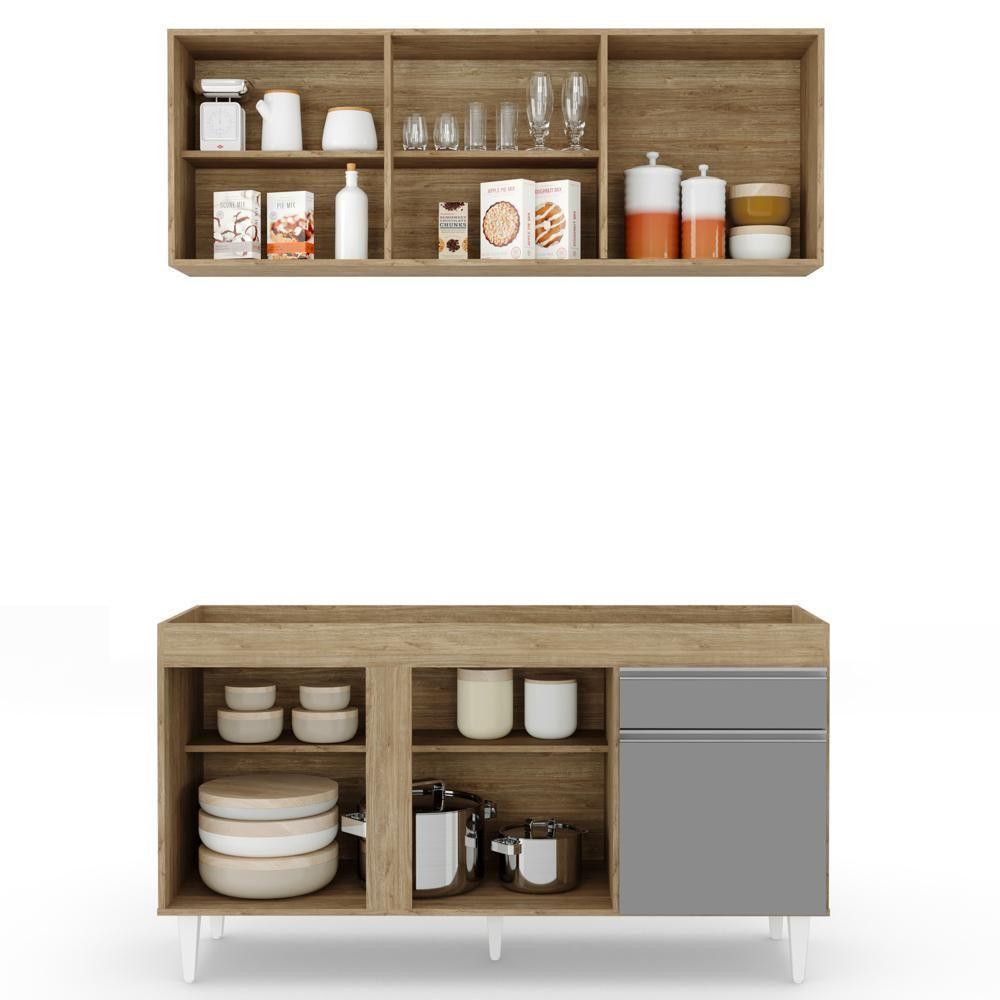 Armário Aéreo Argélia E Balcão Para Pia 150cm Dakota Castanho/cinza - Lumil - 4