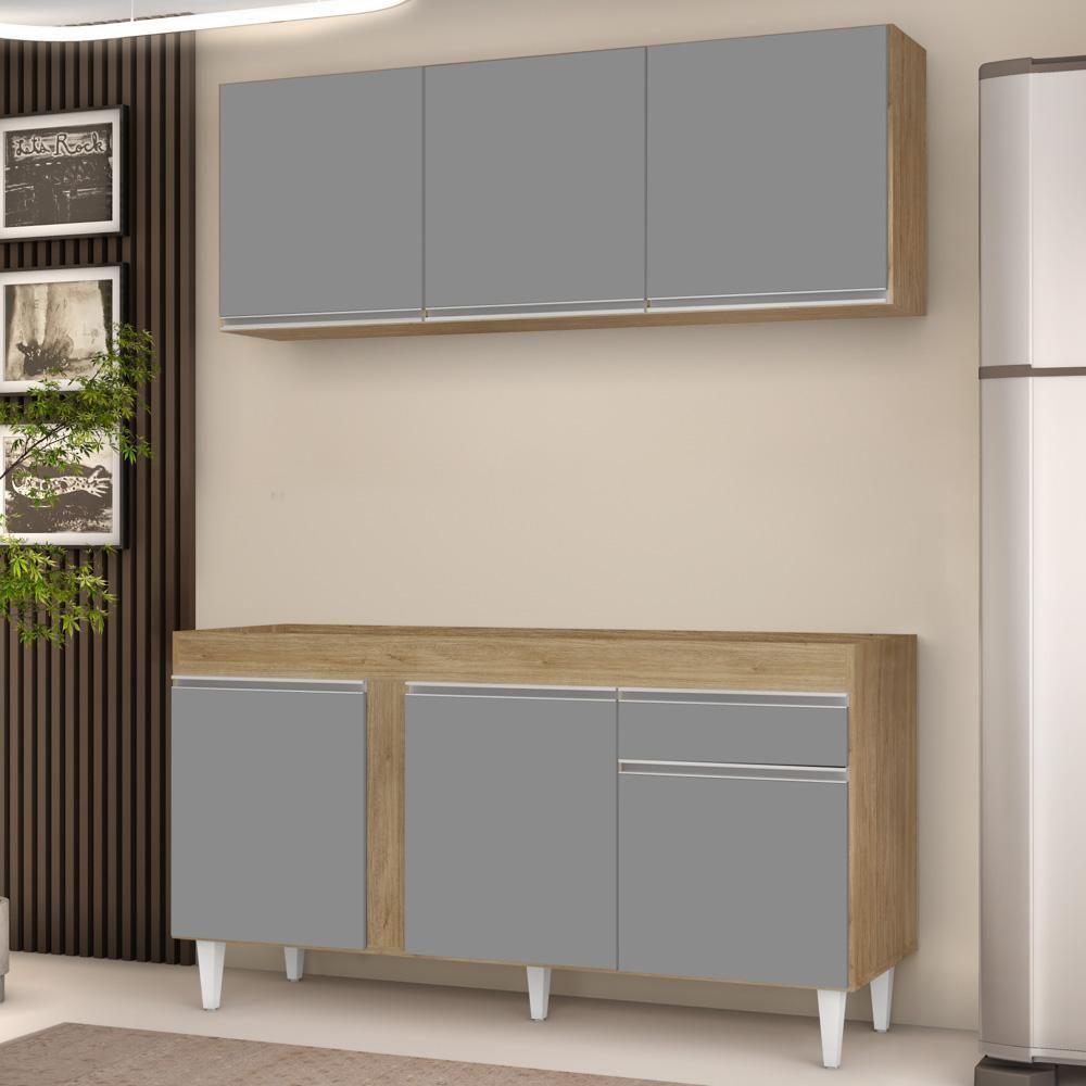 Armário Aéreo Argélia E Balcão Para Pia 150cm Dakota Castanho/cinza - Lumil - 5