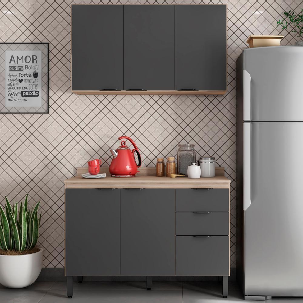 Armario Aereo E Balcao Com Tampo 120Cm Avena Grafito - 1