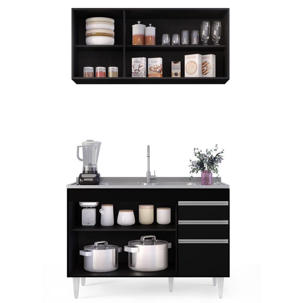 Armário Aéreo E Balcão Com Pia 120Cm Michigan Preto - 3