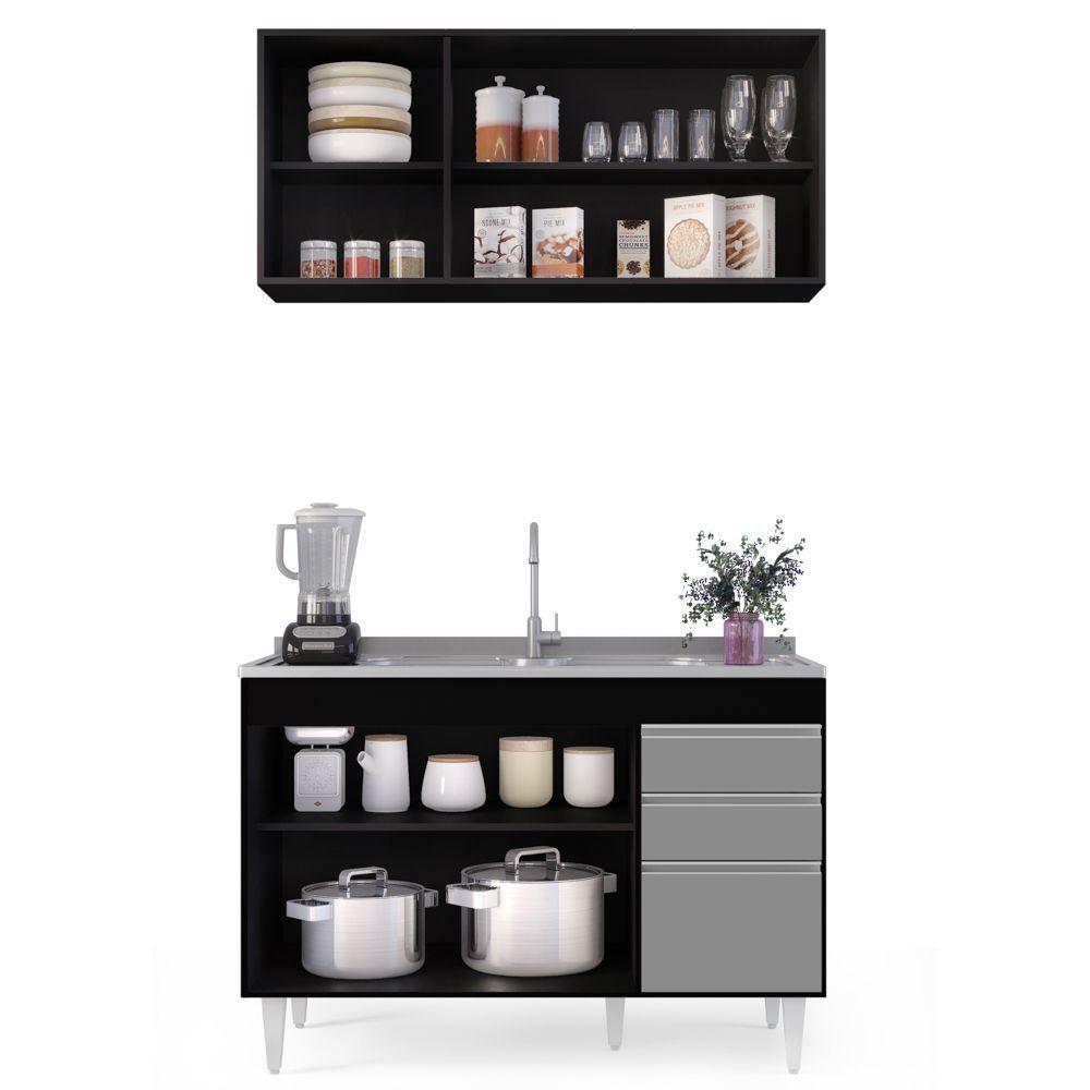 Armário Aéreo E Balcão Com Pia 120Cm Michigan Preto/Cinza - 6