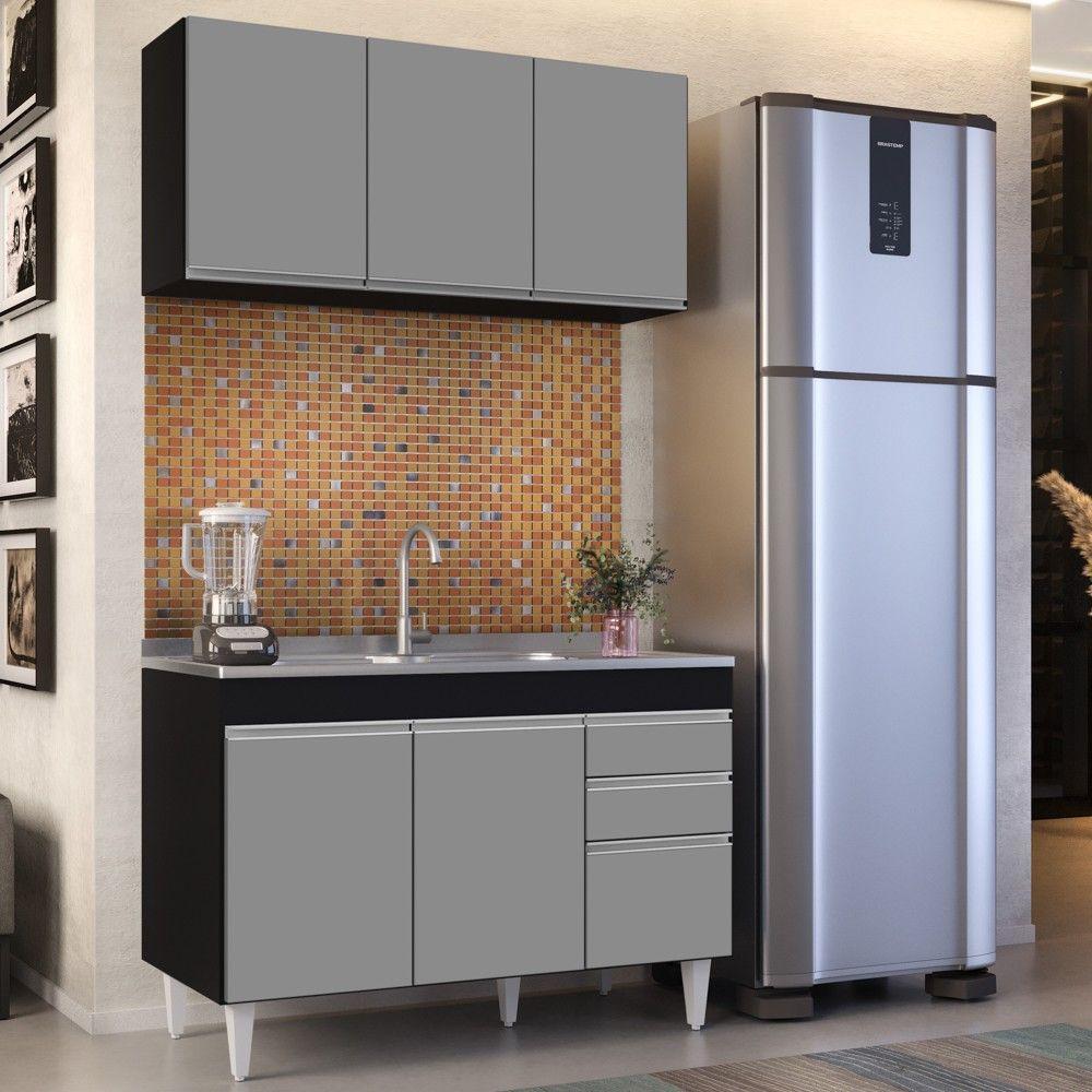 Armário Aéreo E Balcão Com Pia 120Cm Michigan Preto/Cinza - 7