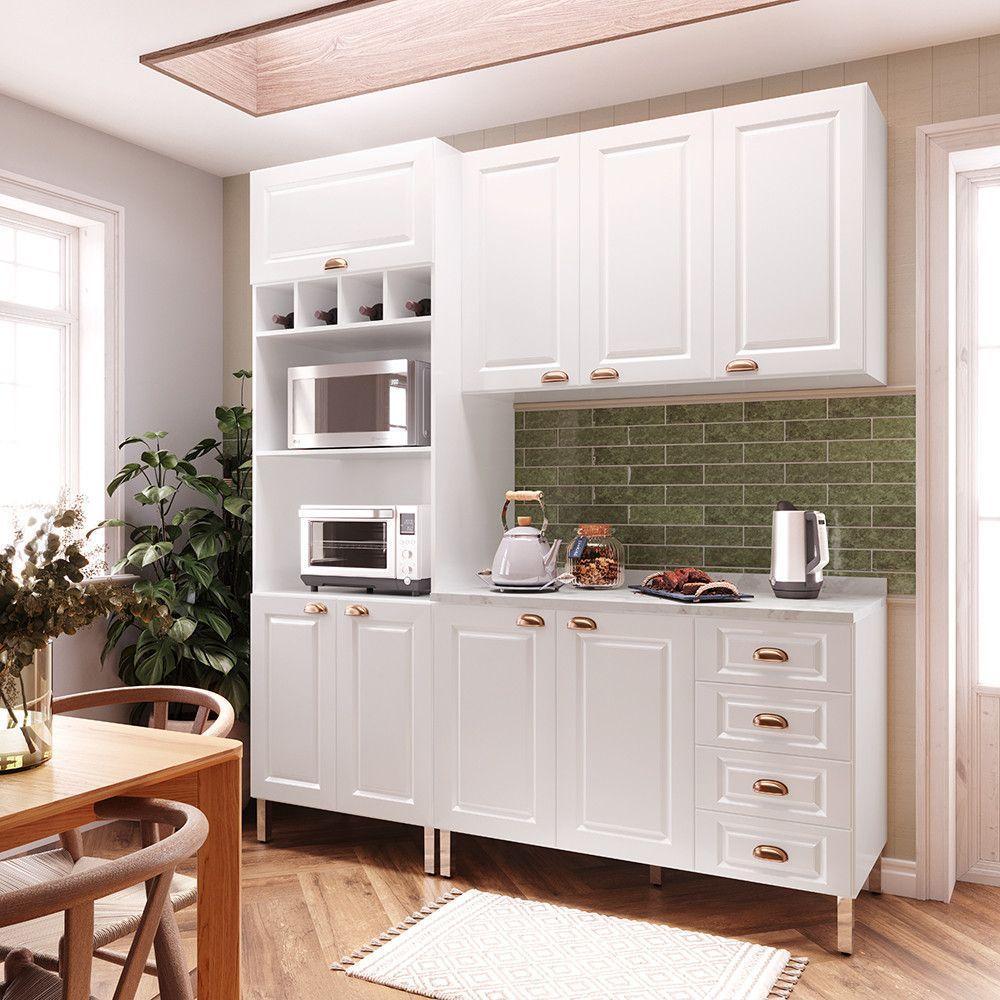 Armário De Cozinha Compacta 3 Peças Com Tampo Cristal Luciane Móveis Branco Polar Com Branco Pet E Marmore - 1