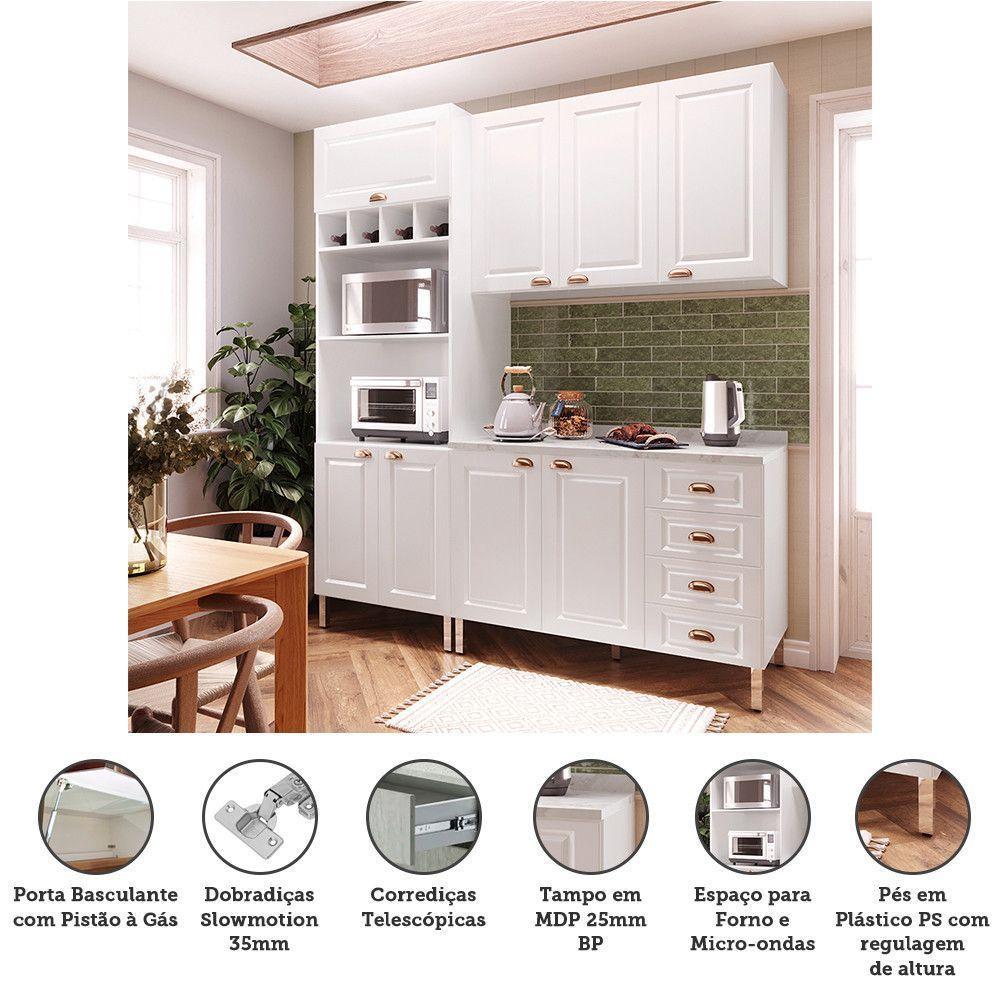 Armário De Cozinha Compacta 3 Peças Com Tampo Cristal Luciane Móveis Branco Polar Com Branco Pet E Marmore - 2