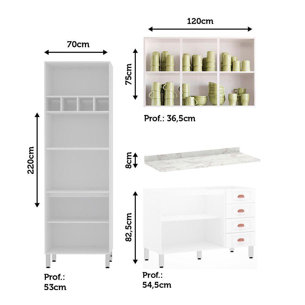 Armário De Cozinha Compacta 3 Peças Com Tampo Cristal Luciane Móveis Branco Polar Com Branco Pet E Marmore - 3
