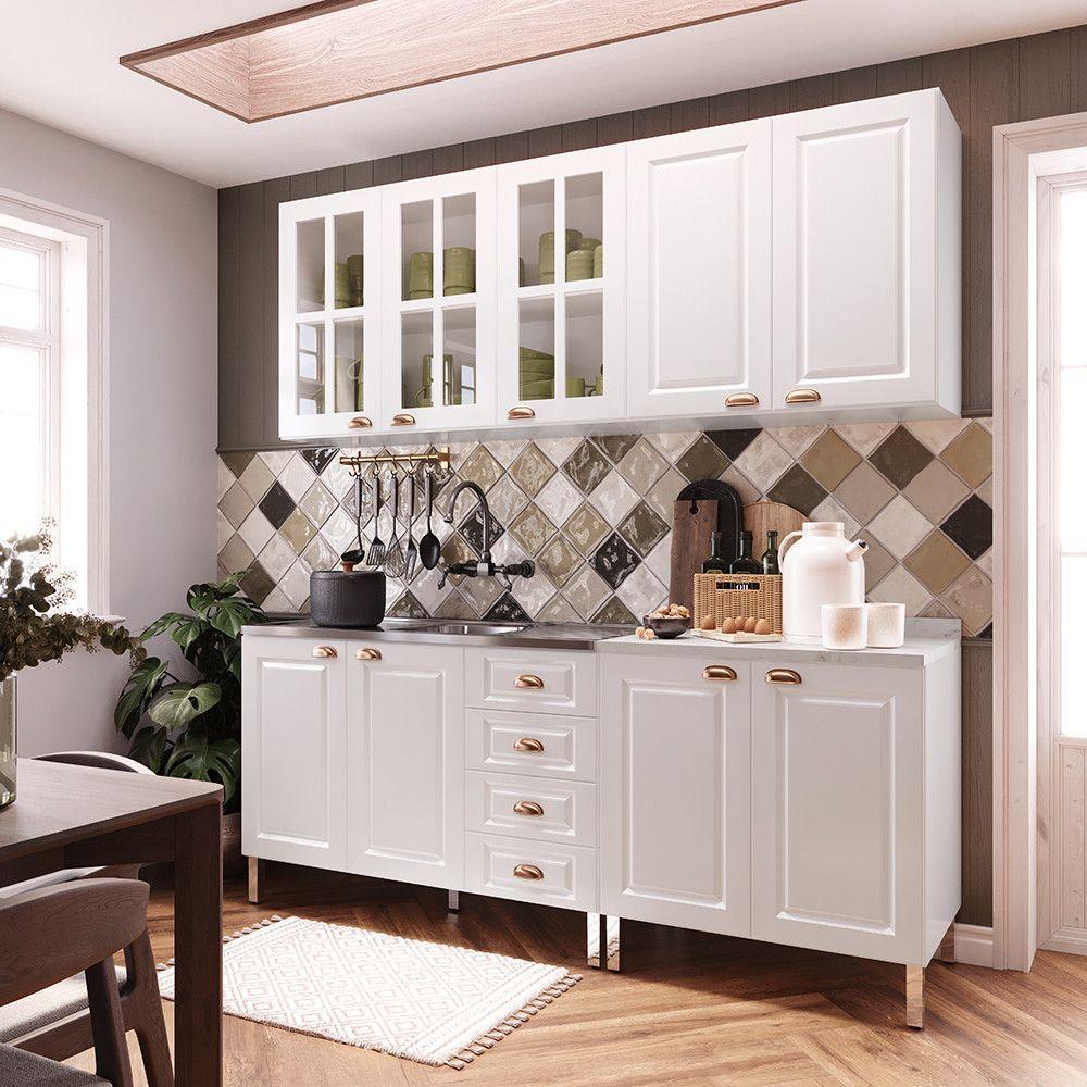Armário De Cozinha Compacta 4 Peças Com Vidro Janelinha Cristal Luciane Móveis Branco Polar Com Branco Pet E Marmore - 1