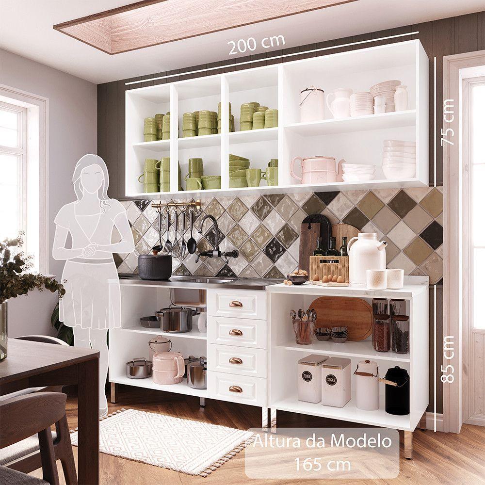 Armário De Cozinha Compacta 4 Peças Com Vidro Janelinha Cristal Luciane Móveis Branco Polar Com Branco Pet E Marmore - 4