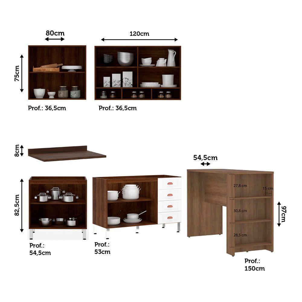 Armário De Cozinha Compacta 4 Peças E Bancada Gourmet Safira Luciane Móveis Nogueira Dourado Com Branco Pet - 3