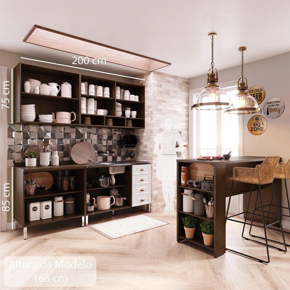 Armário De Cozinha Compacta 4 Peças E Bancada Gourmet Safira Luciane Móveis Nogueira Dourado Com Branco Pet - 4