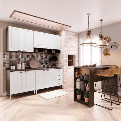 Cozinha Compacta 4 Peças Safira 8 Portas 4 Gavetas MDP 200cm Dourado e Branco