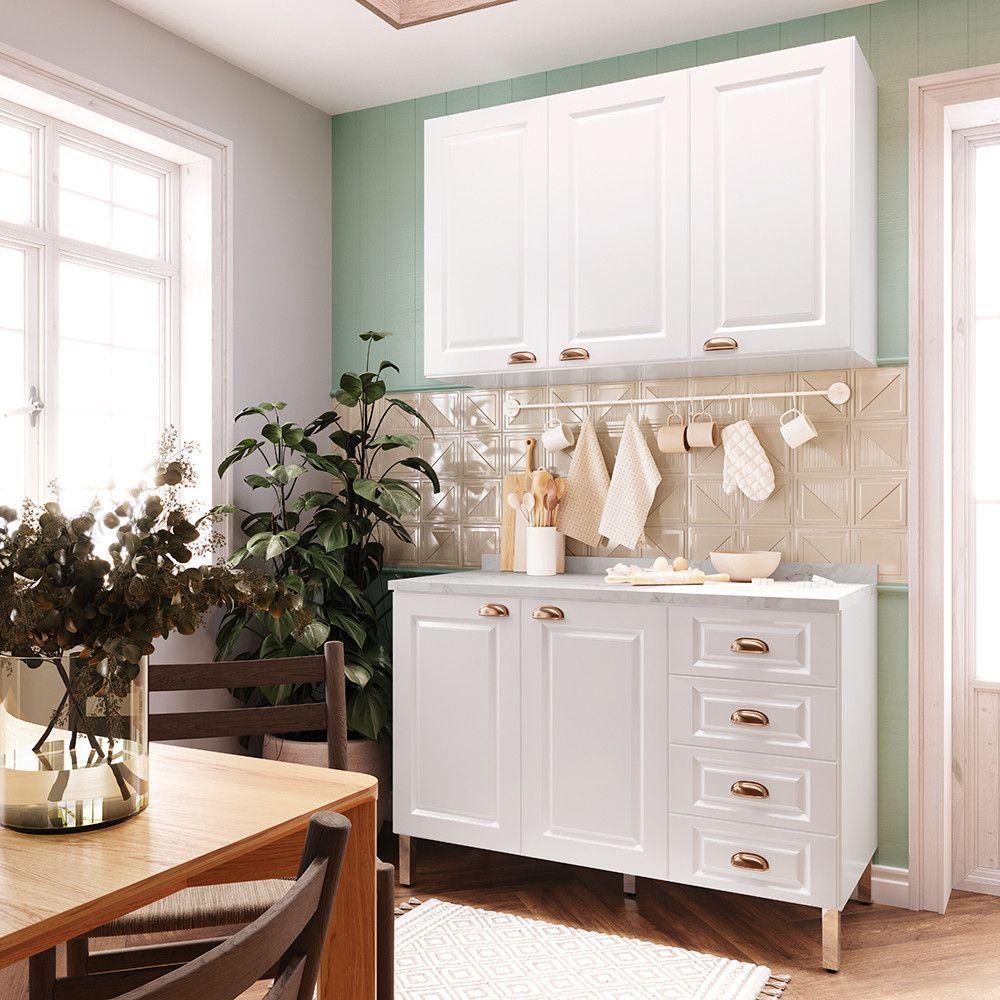 Armário De Cozinha Compacta 2 Peças Com Tampo Cristal Luciane Móveis Branco Polar Com Branco Pet E Marmore - 1