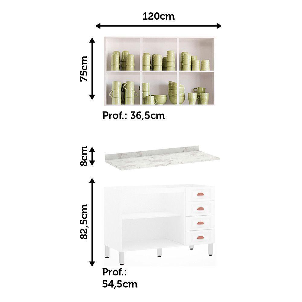 Armário De Cozinha Compacta 2 Peças Com Tampo Cristal Luciane Móveis Branco Polar Com Branco Pet E Marmore - 2