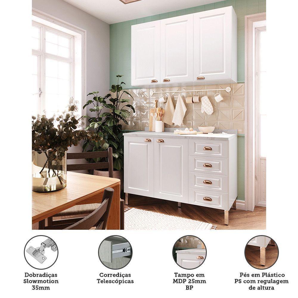 Armário De Cozinha Compacta 2 Peças Com Tampo Cristal Luciane Móveis Branco Polar Com Branco Pet E Marmore - 4