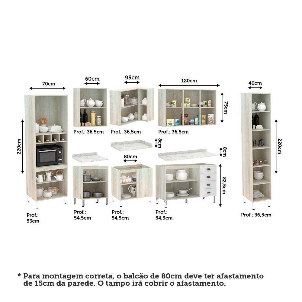 Armário De Cozinha Completa 8 Peças Com Espaço Para Micro-ondas E Tampo Agatha Luciane Móveis Legno Crema Com Branco Pet - 2