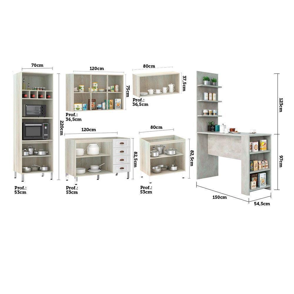 Armário De Cozinha Completa 6 Peças Com Tampo E Bancada Gourmet Agatha Luciane Móveis Legno Crema Com Branco Pet - 3