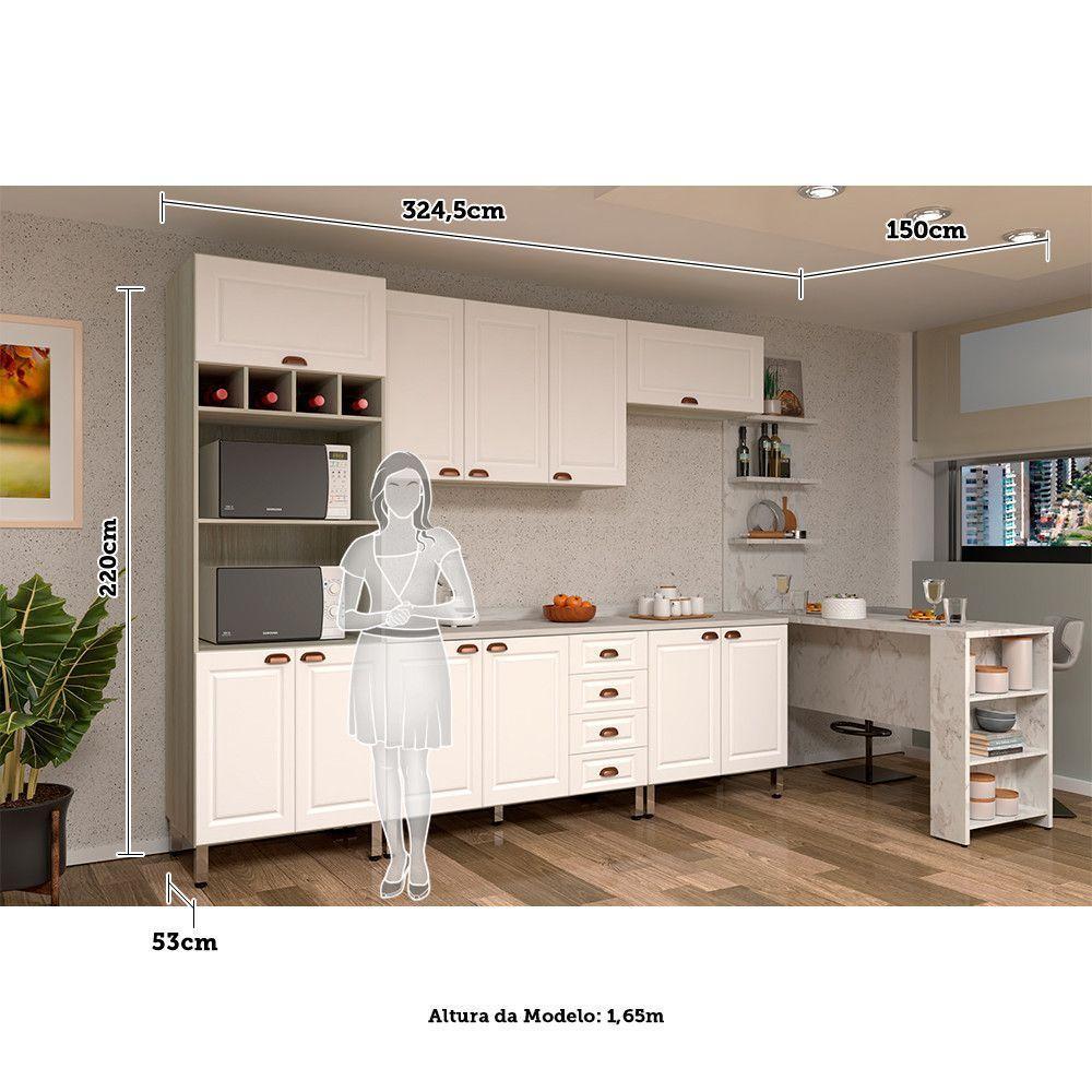 Armário De Cozinha Completa 6 Peças Com Tampo E Bancada Gourmet Agatha Luciane Móveis Legno Crema Com Branco Pet - 4